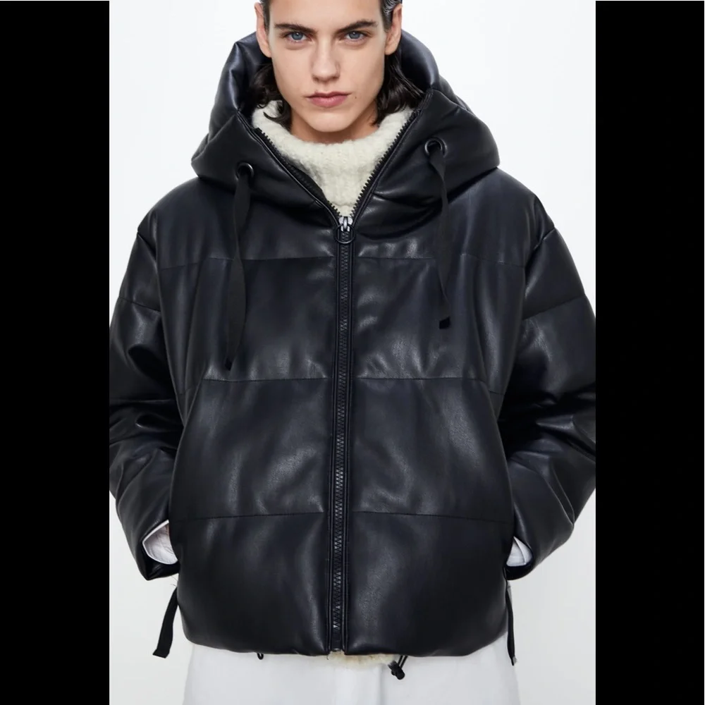 ZARA Black Faux Leather Puffer Jacket sz Medium